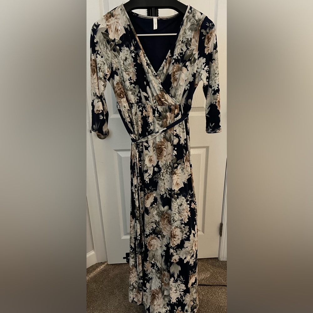 Pink Blush navy floral dress. Ankle length.